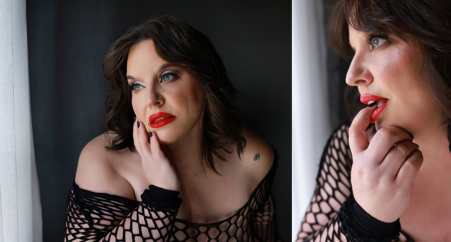 Fashion portrait diptych with dramatic red lipstick and fishnet details against white curtains.