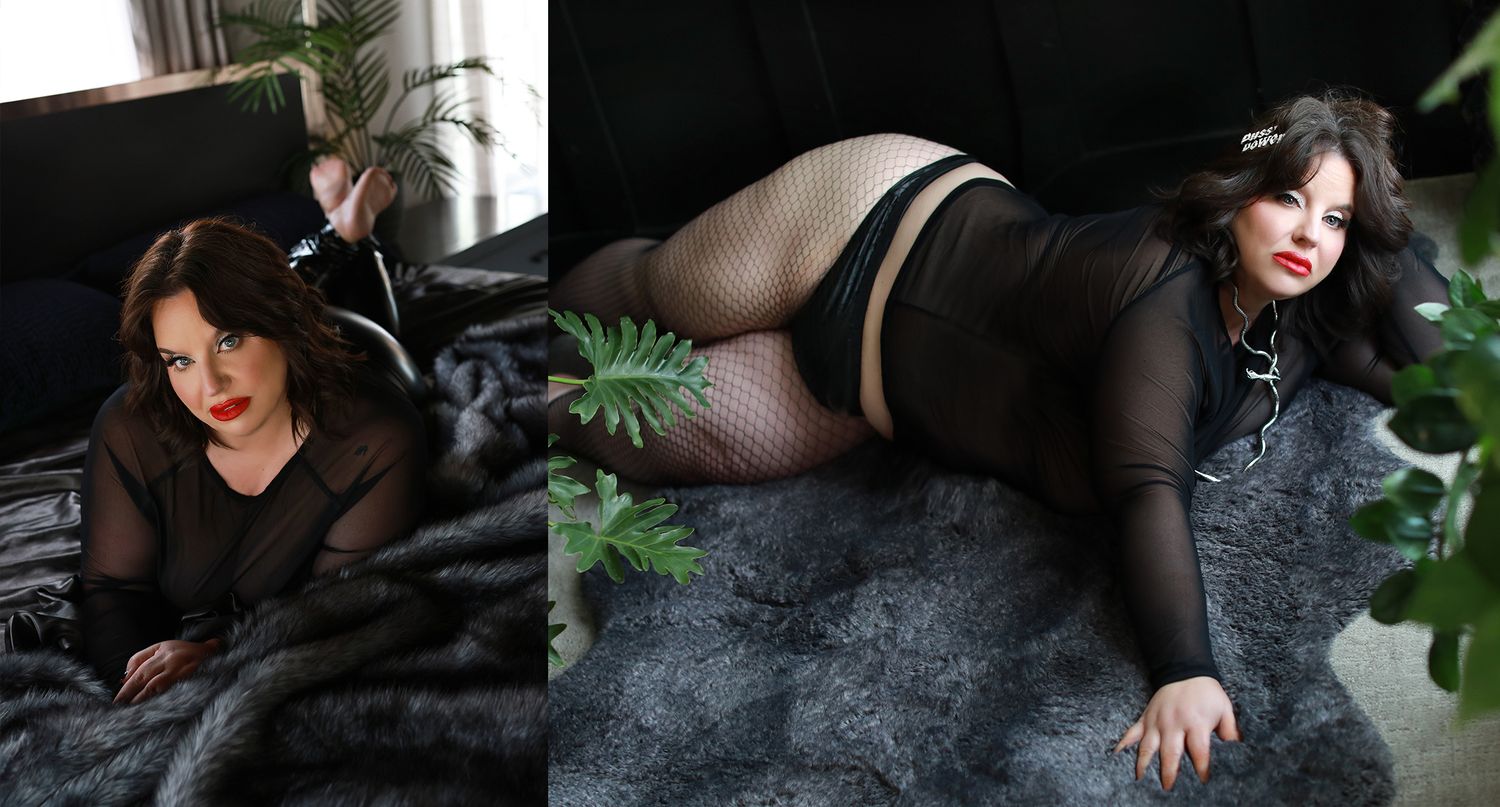 Intimate boudoir photography set with sheer black styling and dark moody lighting.