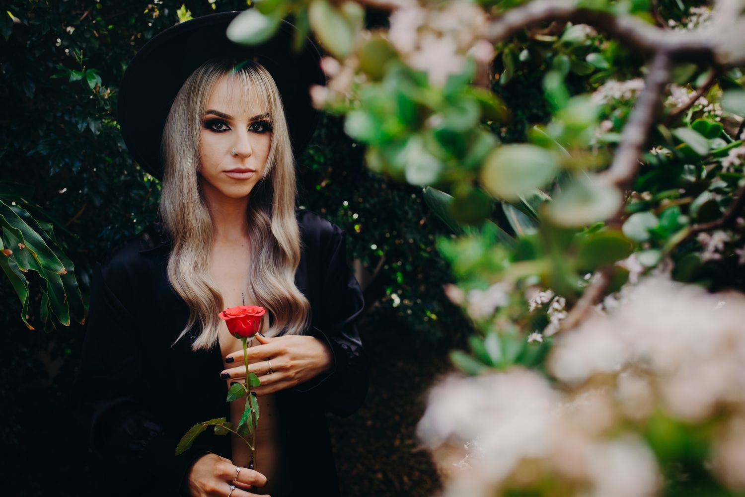 Moody garden portrait with single red rose against dark foliage backdrop.