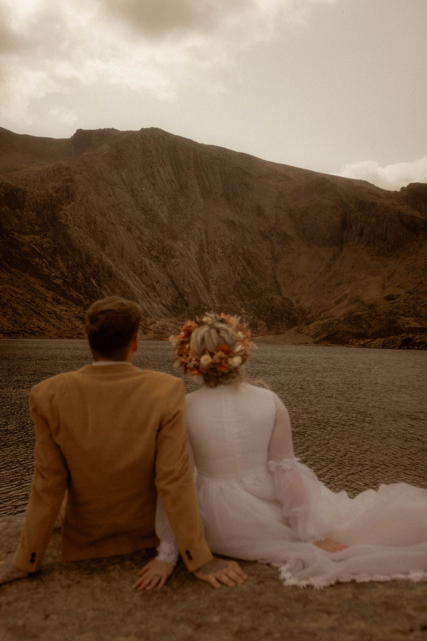wedding couple looking at over view