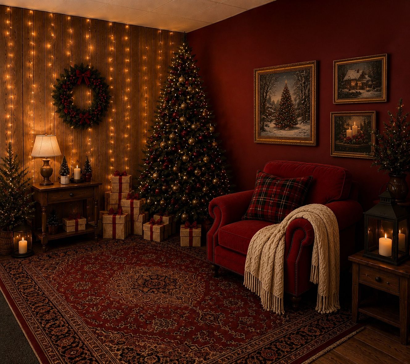 Child in red sweater and plaid skirt holds toy rocking horse in festive Christmas setting.
