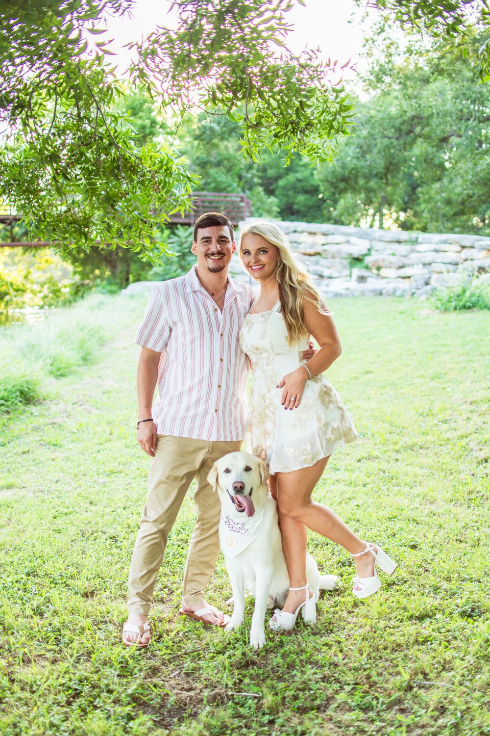 Happy couple poses with their golden retriever dog in a sunny green field.