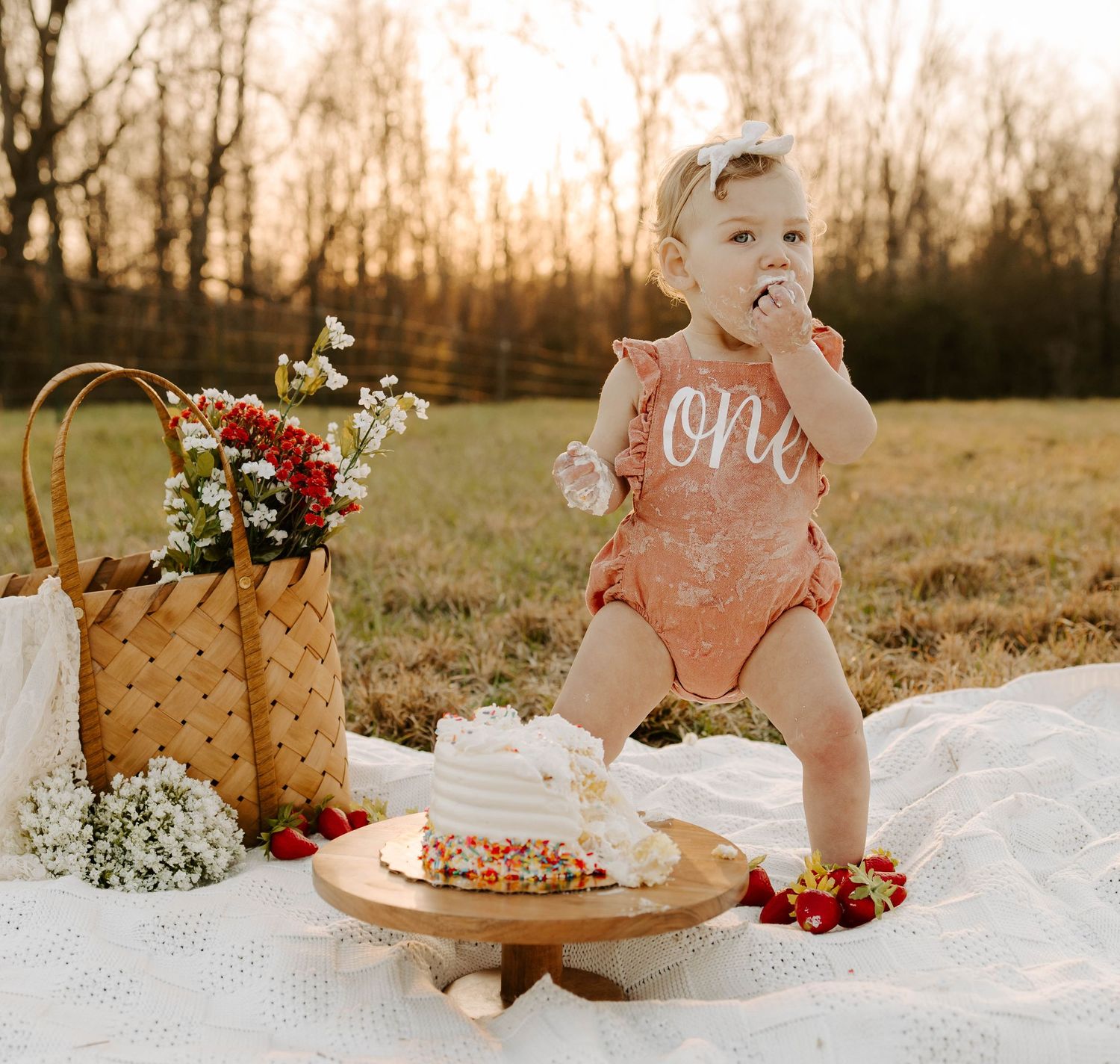 A baby in a peach outfit sits on a picnic blanket with cake and flowers during a first birthday photoshoot.