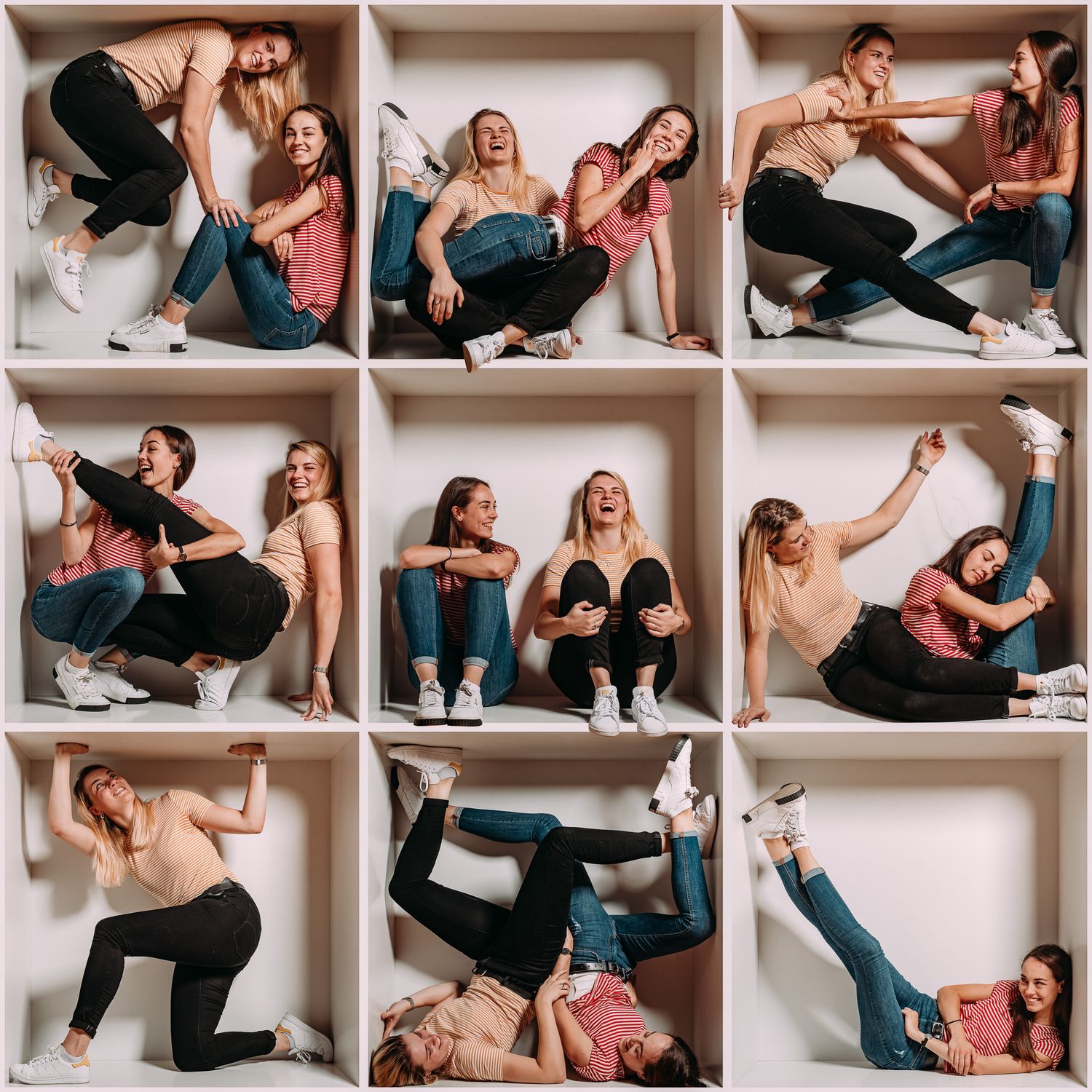 A collage of two young women laughing and posing playfully in wooden box compartments in various fun positions.