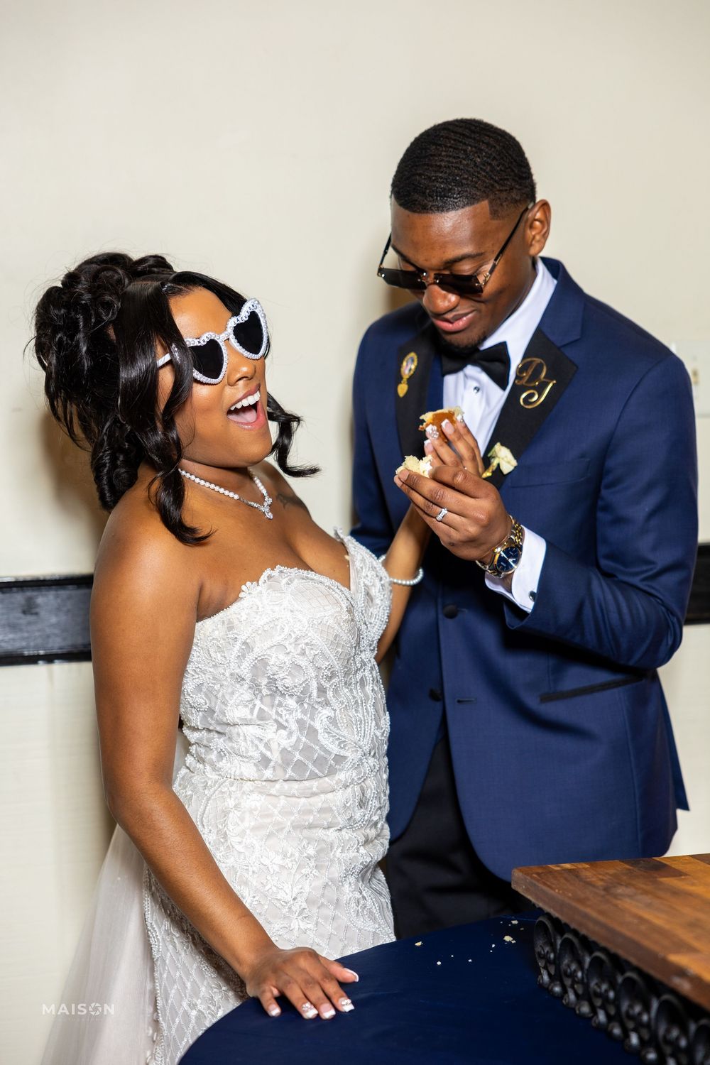 Fun photo sequence of newlyweds wearing sunglasses and sharing a quick snack during their wedding celebration.