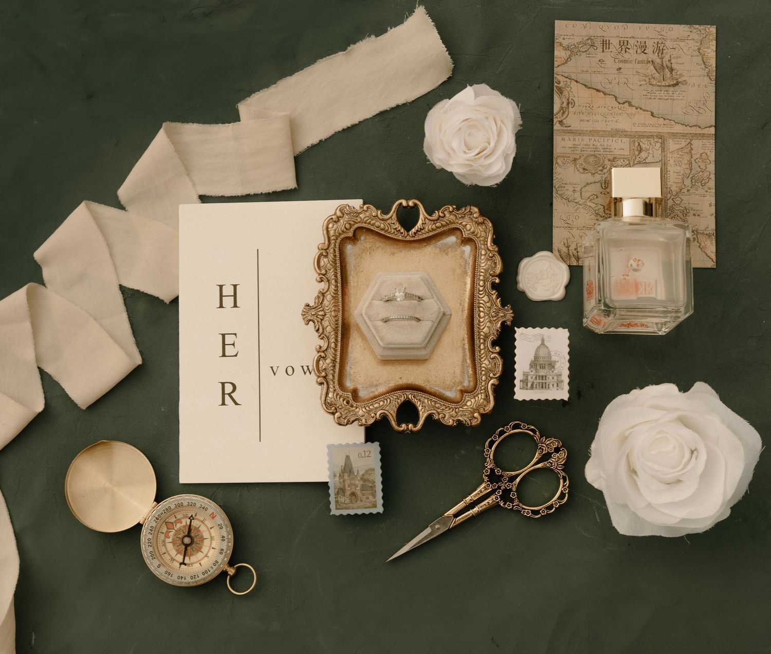 Wedding flatlay with vintage frame, perfume bottle, scissors and delicate white ribbons.