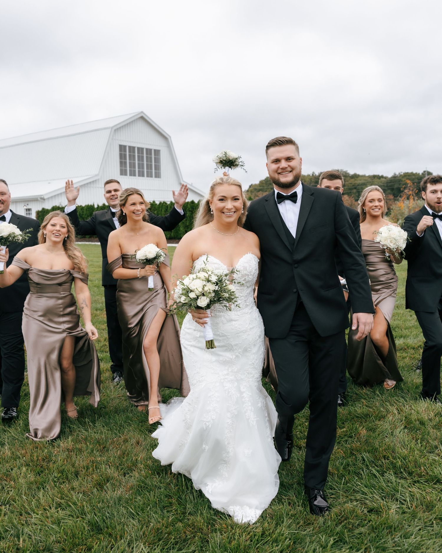 A wedding party in formal attire poses together on grassy field with bridesmaids in taupe dresses and groomsmen in dark suits.