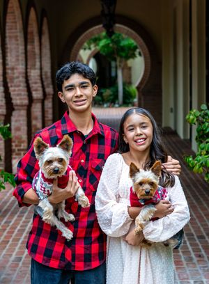 Two Yorkshire Terriers wearing bandanas pose with their owners in a brick archway courtyard.