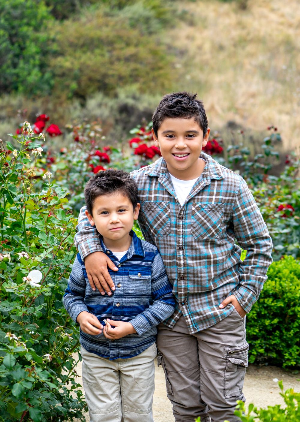 Two young brothers pose together in a garden with red roses, the older boy resting his arm on his younger sibling.