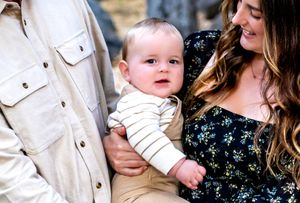 A series of intimate family portraits showing tender moments between parents and baby outdoors.