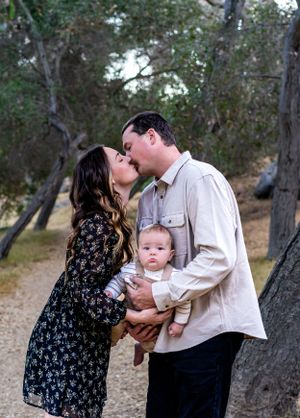 Sweet family moments captured in a series of candid outdoor photos on a nature path.