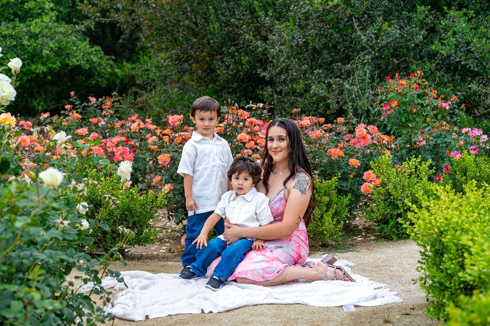 A woman sits on a blanket with two young boys surrounded by colorful roses in a lush garden setting.
