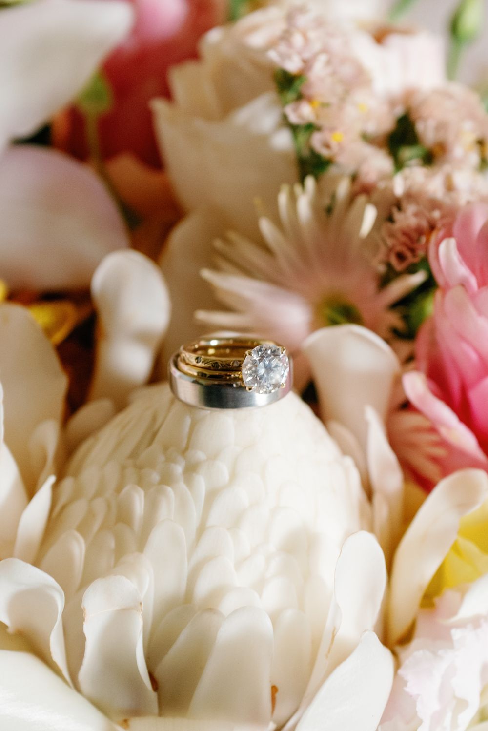 Gold wedding band and diamond engagement ring resting on white flower petals surrounded by pink blooms.