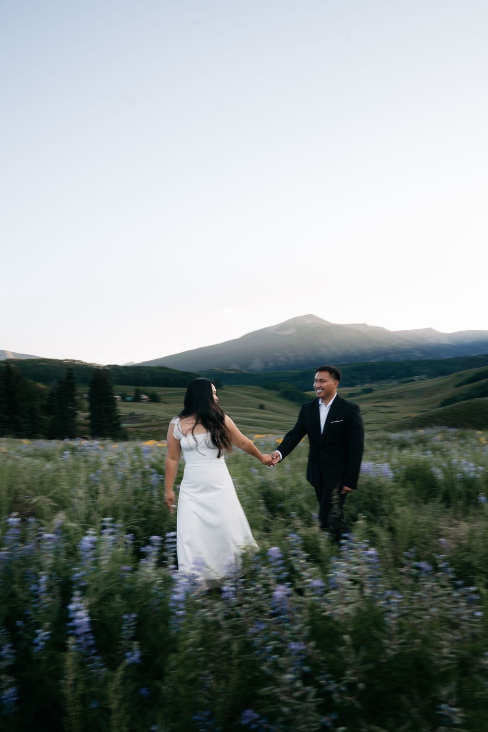 Bride and groom holding hands in a wildflower meadow with mountain backdrop at dusk.