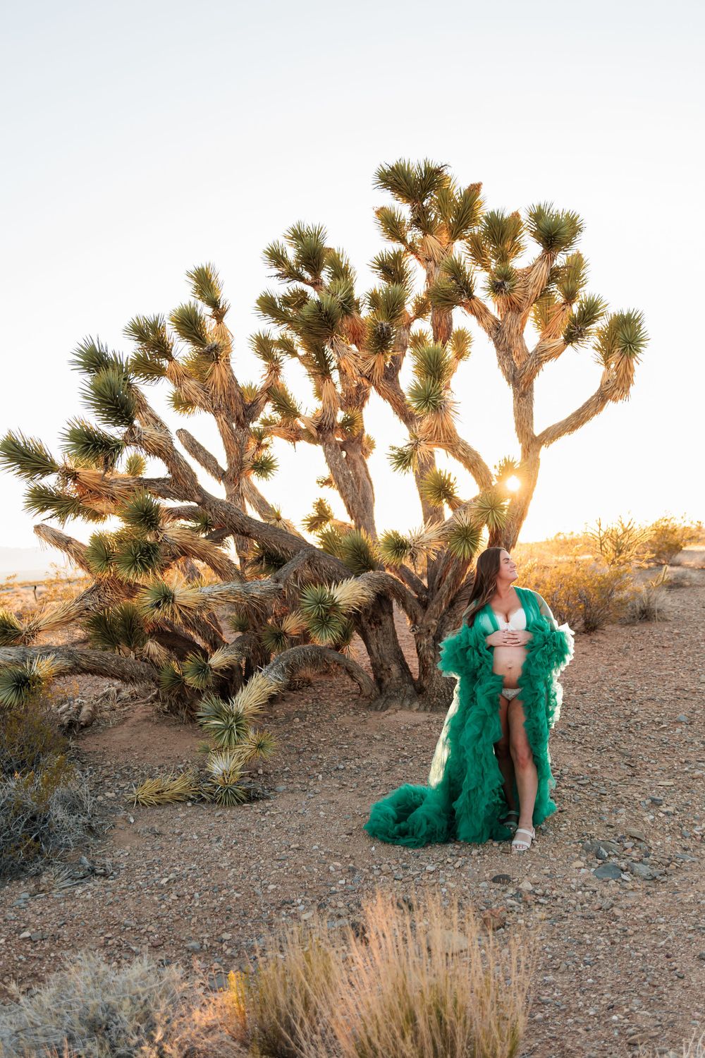 Pregnant woman in green feather robe poses before a Joshua tree in the desert at golden hour sunset.