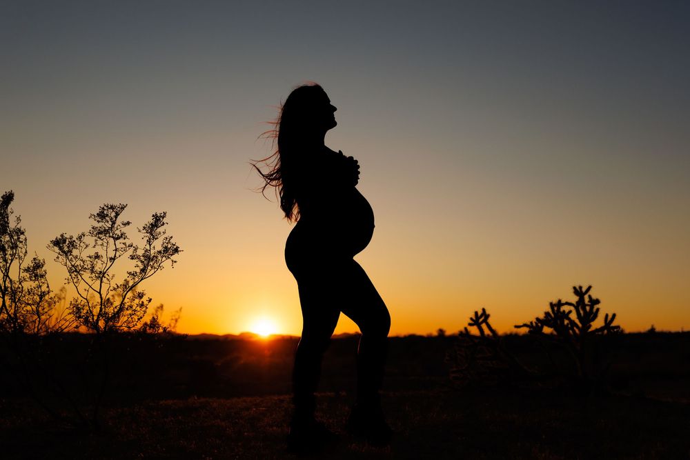 Silhouette of a pregnant woman cradling her belly against a vibrant golden sunset in an open desert landscape.