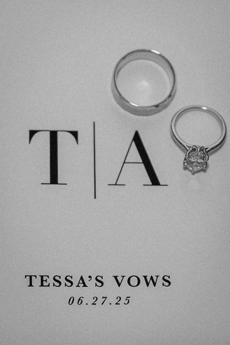 Wedding rings artistically arranged with monogram typography for wedding vows.