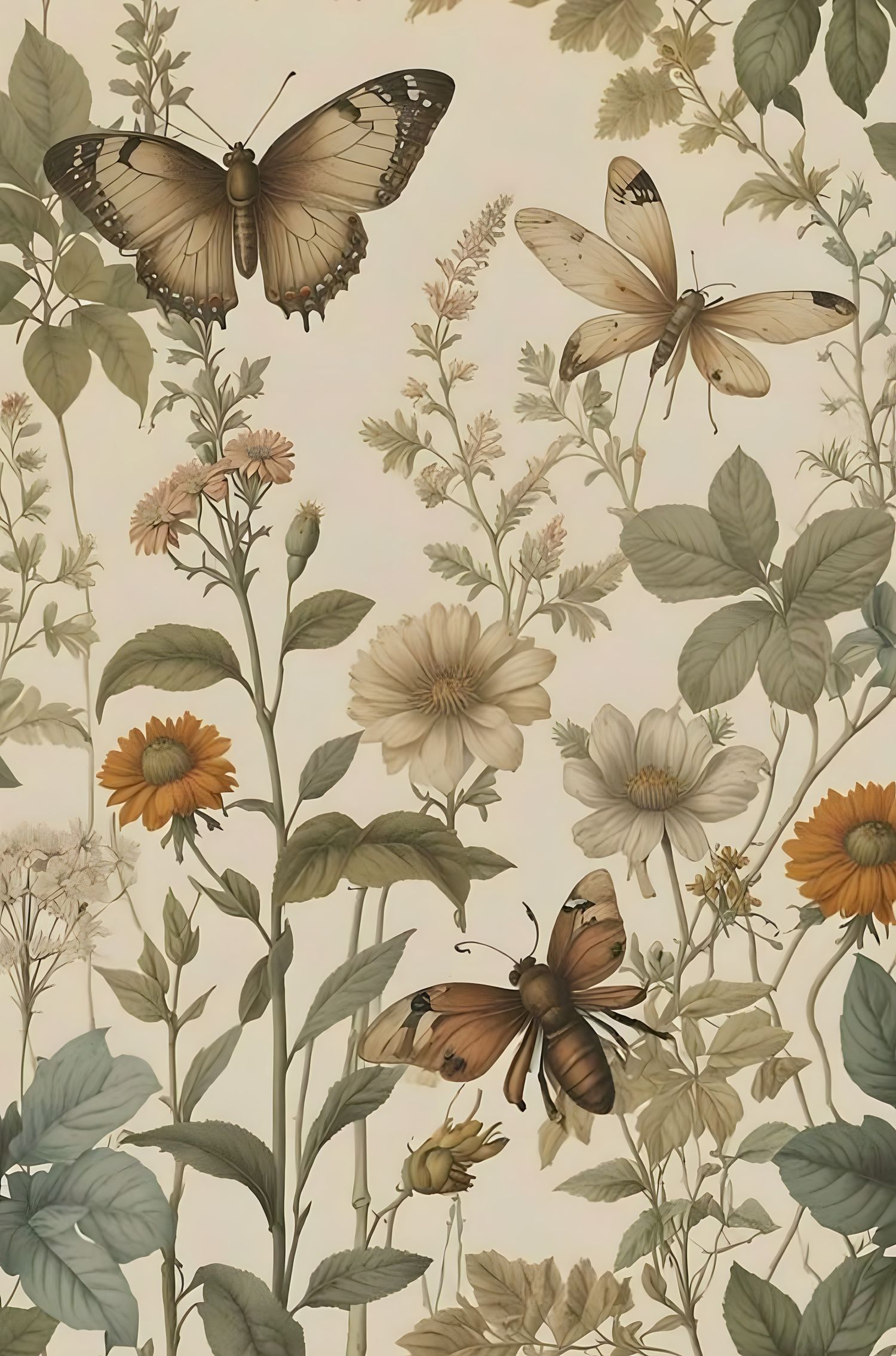 Vintage botanical illustration featuring brown butterflies and wildflowers in muted earth tones on a cream background.