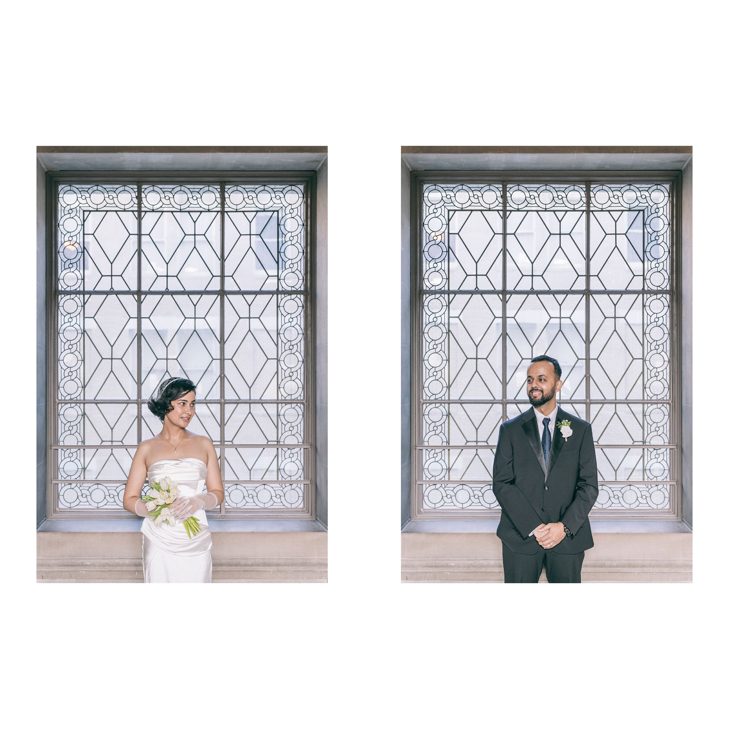Side-by-side portraits of a bride in white gown and groom in dark suit before an ornate stained glass window.