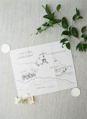 Hand-illustrated wedding weekend map with greenery and wax seals on linen background.