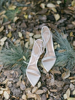Elegant crystal-embellished strappy bridal heels displayed on autumn leaves and pebbles.
