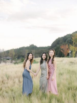 Three bridesmaids in blue, sage, and pink gowns pose holding hands in a golden meadow.