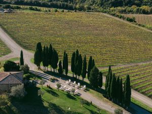 Aerial view of a Tuscan vineyard estate with cypress trees, pool, and rolling green fields.