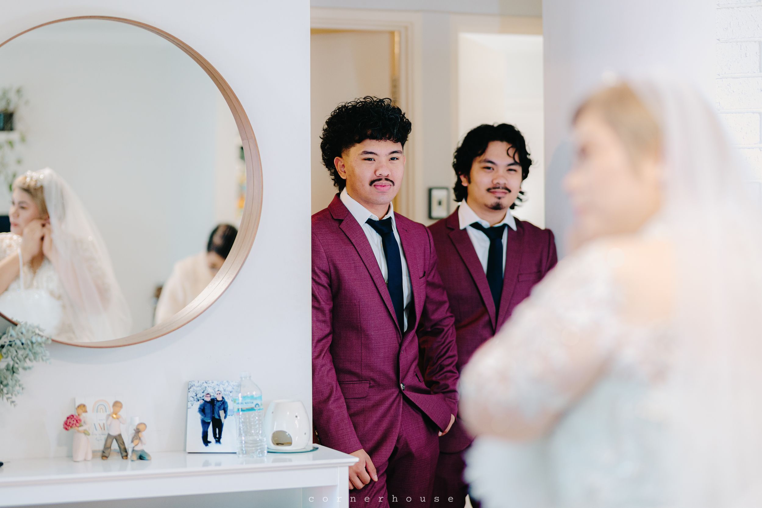 A collection of wedding preparation photos showing bouquets, decor, and formal attire in a soft elegant style.