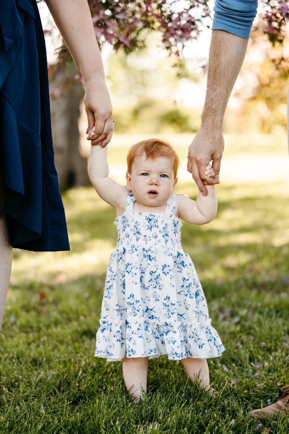 Toddler girl in floral dress learning to walk outdoors, held by parents hands on green grass.