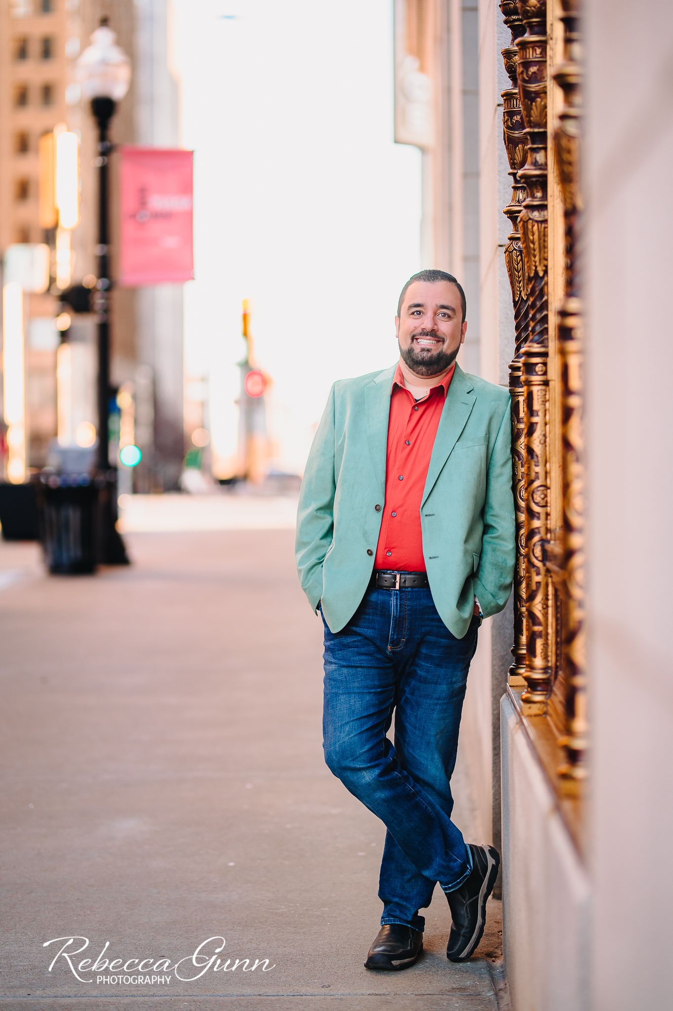 Downtown Tulsa professional headshop branding of Middle Eastern man wearing bright colors