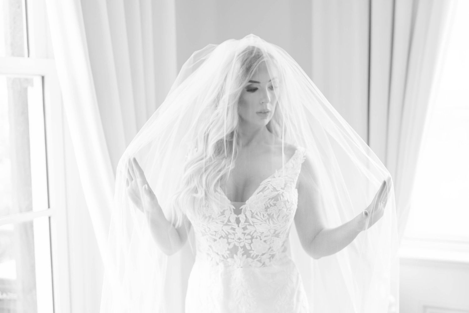 bride looking through veil