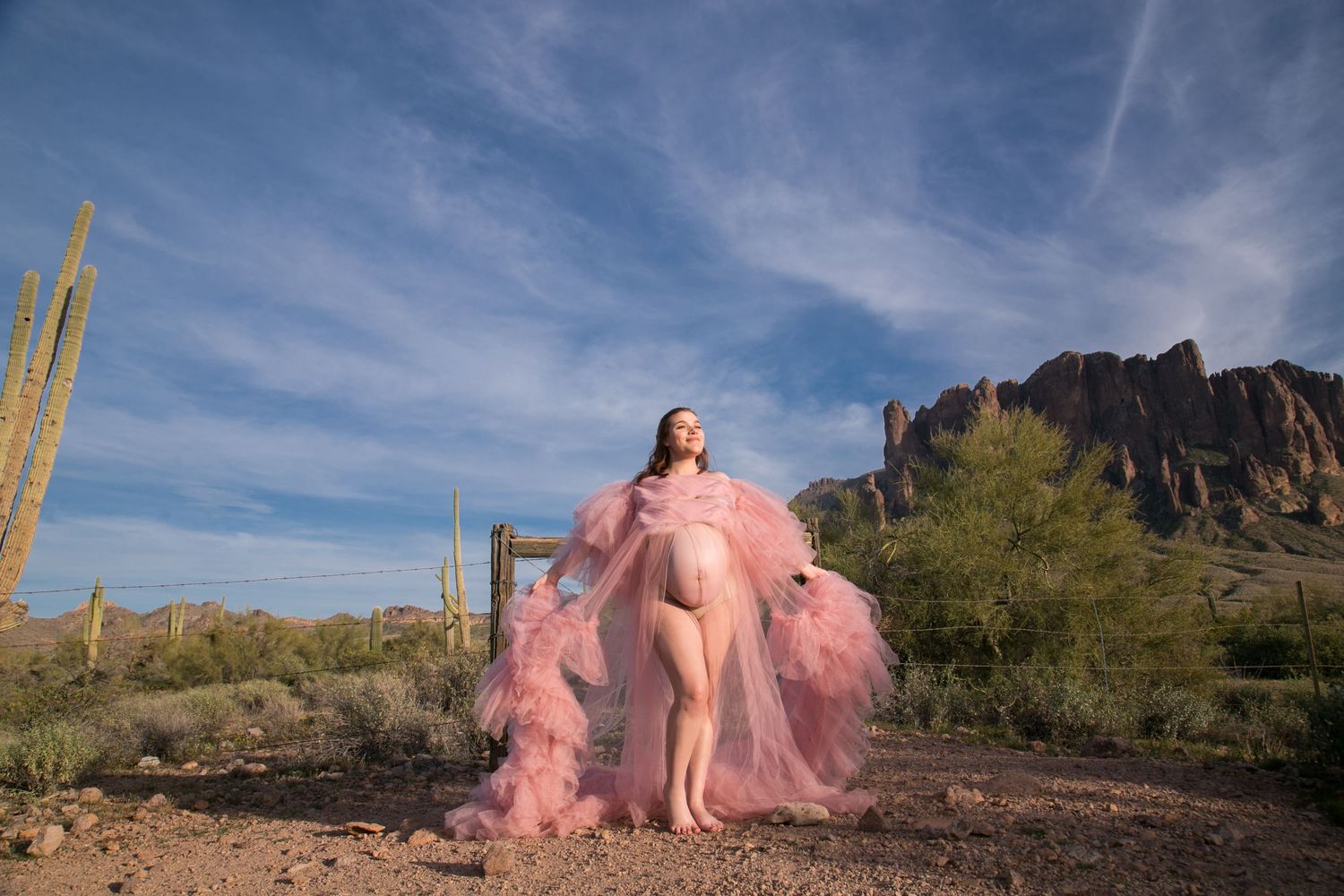 Pregnant woman in flowing pink tulle maternity gown poses in Arizona desert with saguaro cacti and rocky mountains.