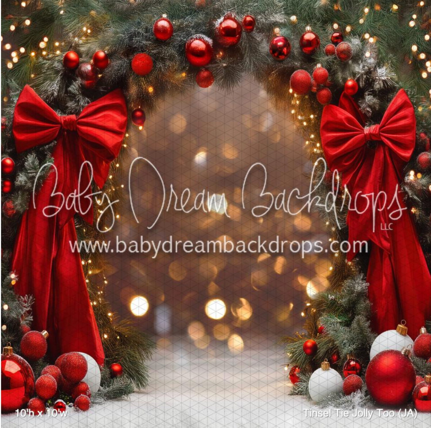 Christmas arch decorated with red bows, ornaments and evergreen branches with glowing lights.