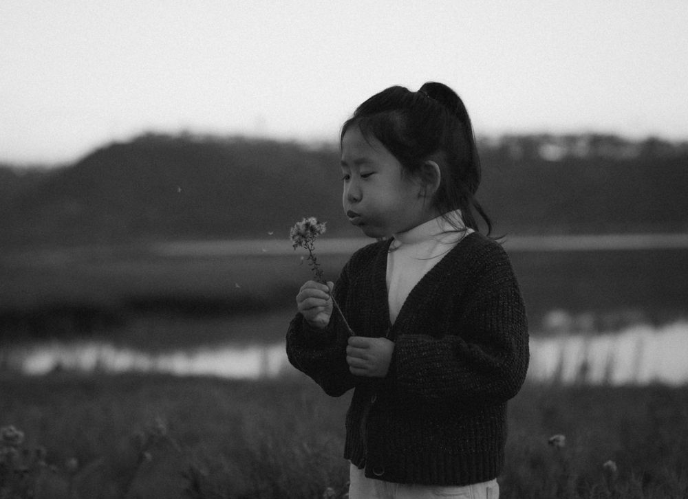 Child in black sweater blowing dandelion seeds in black and white nature scene.
