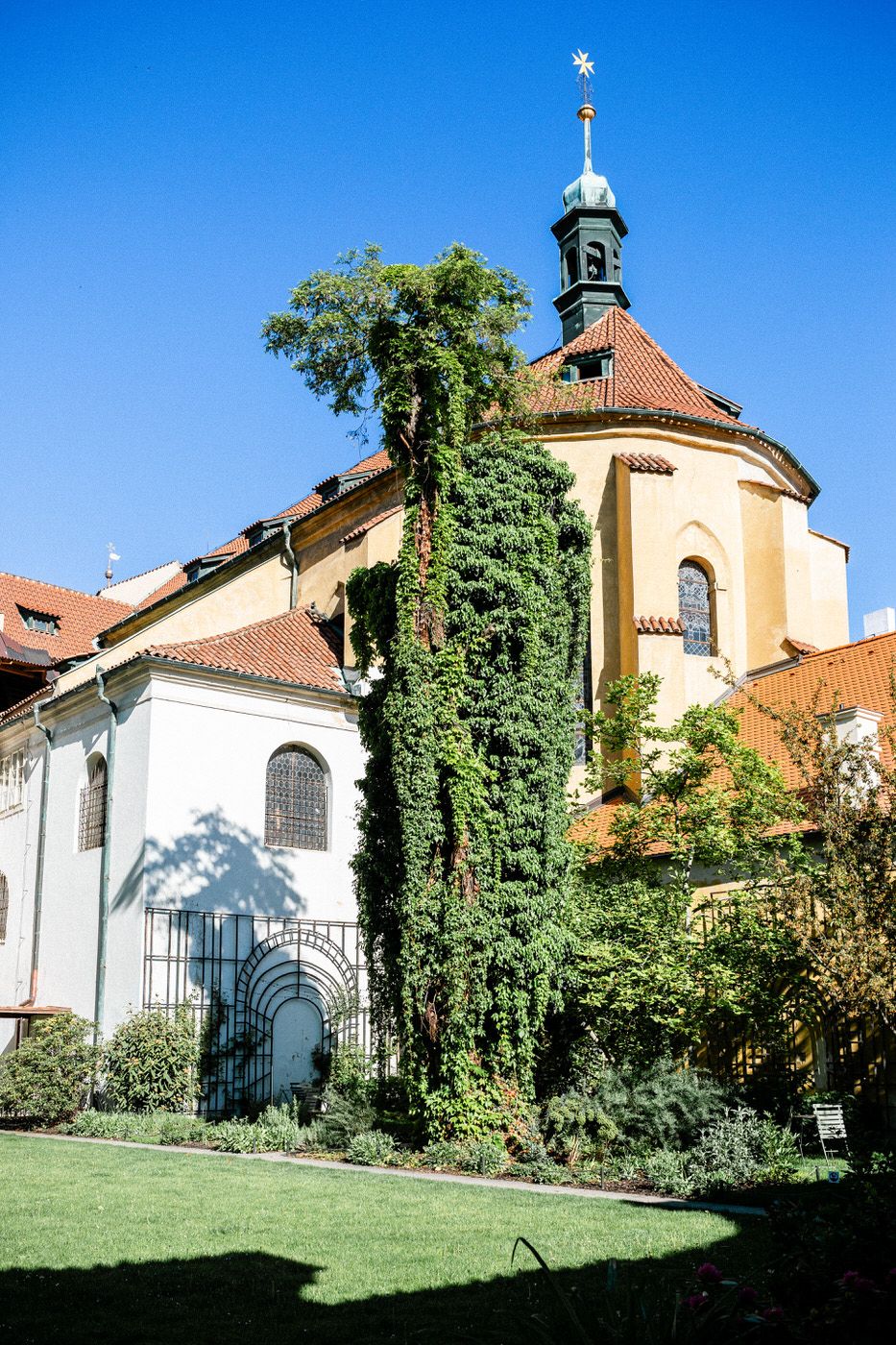 Historic church with ornate dome tower and ivy-covered walls sits against bright blue sky in European architectural style.