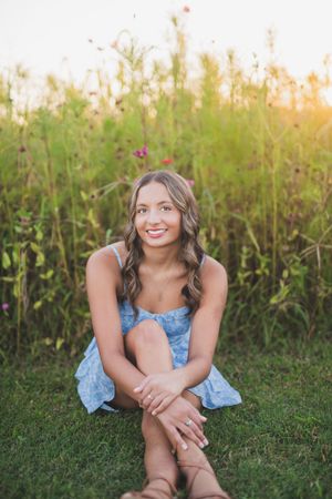 A series of outdoor portrait shots with natural foliage and grass in golden hour lighting.