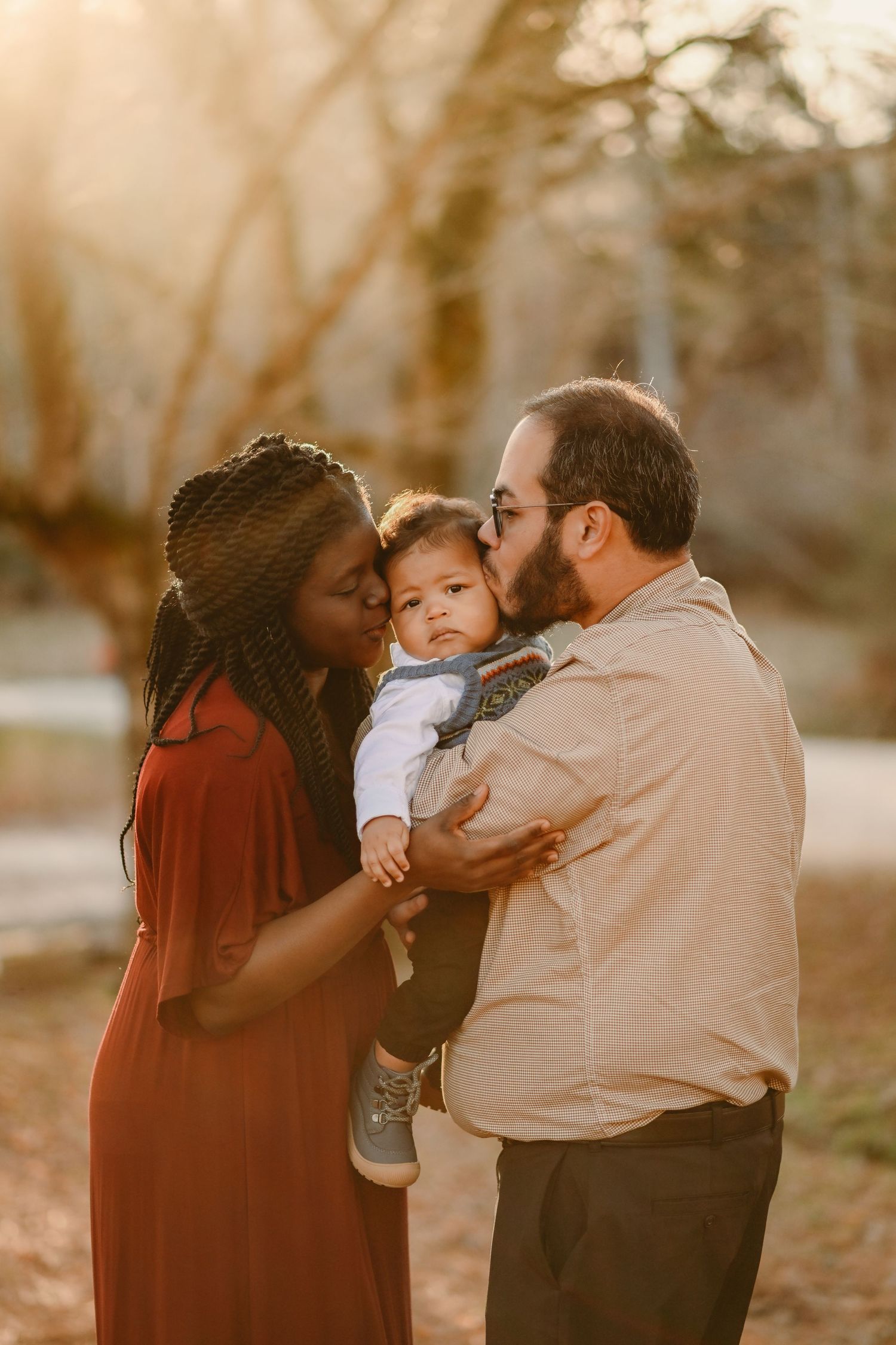 Warm autumn family photoshoot sequence showing intimate moments outdoors at sunset.
