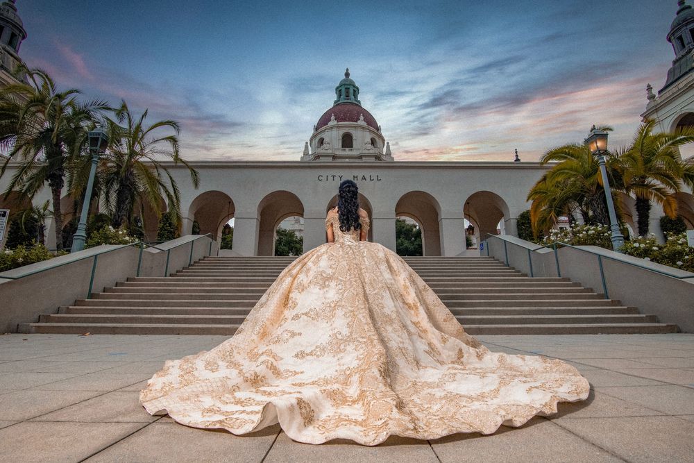 Luxury Quinceañera Photography at City Hall in Gold Ball Gown.
 Quinceañera at the Pasadena City Hall. Quinceañera Sunset Shoot.
