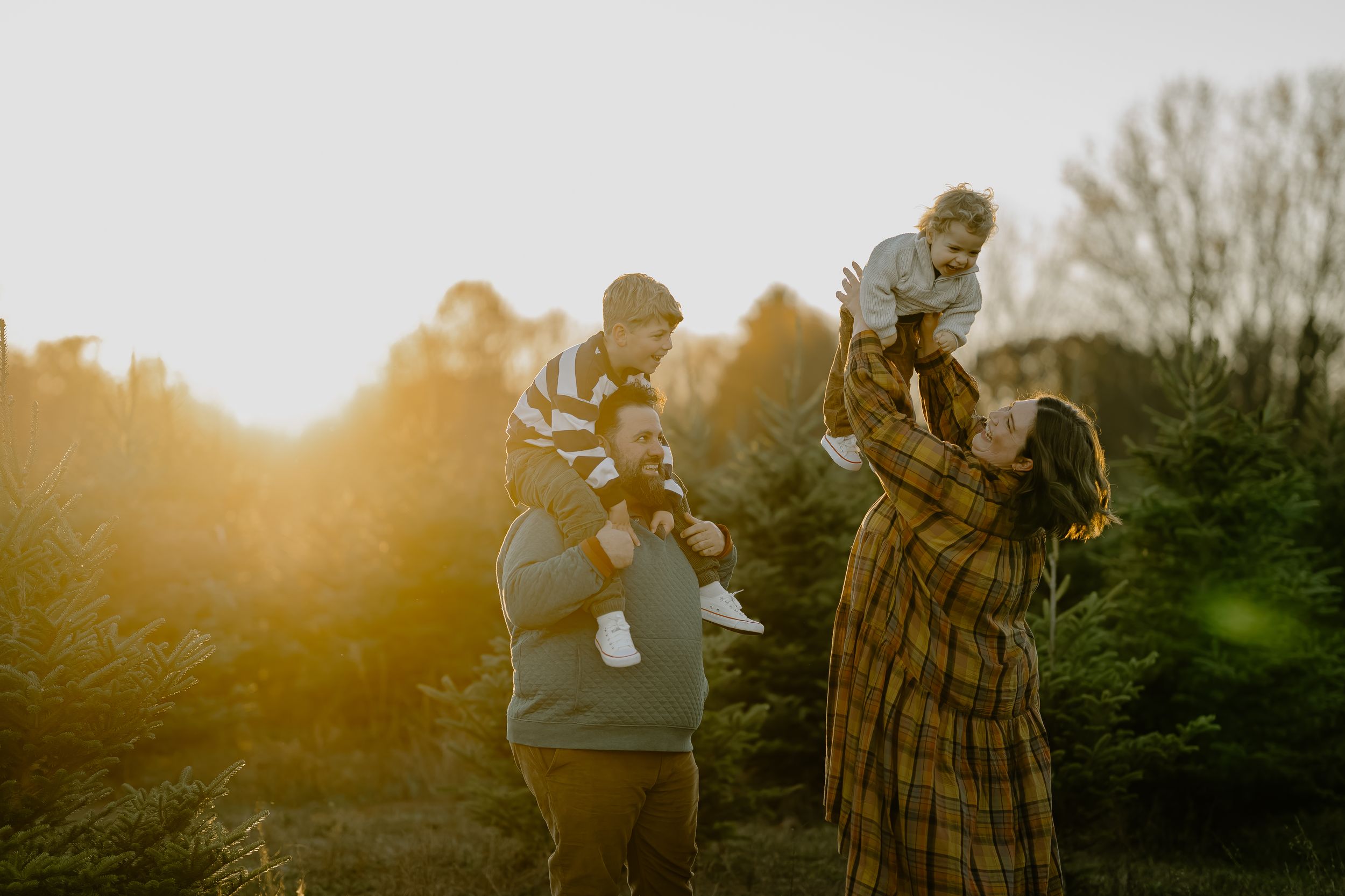 A couple embraces in a romantic golden sunset while standing in a grassy field.