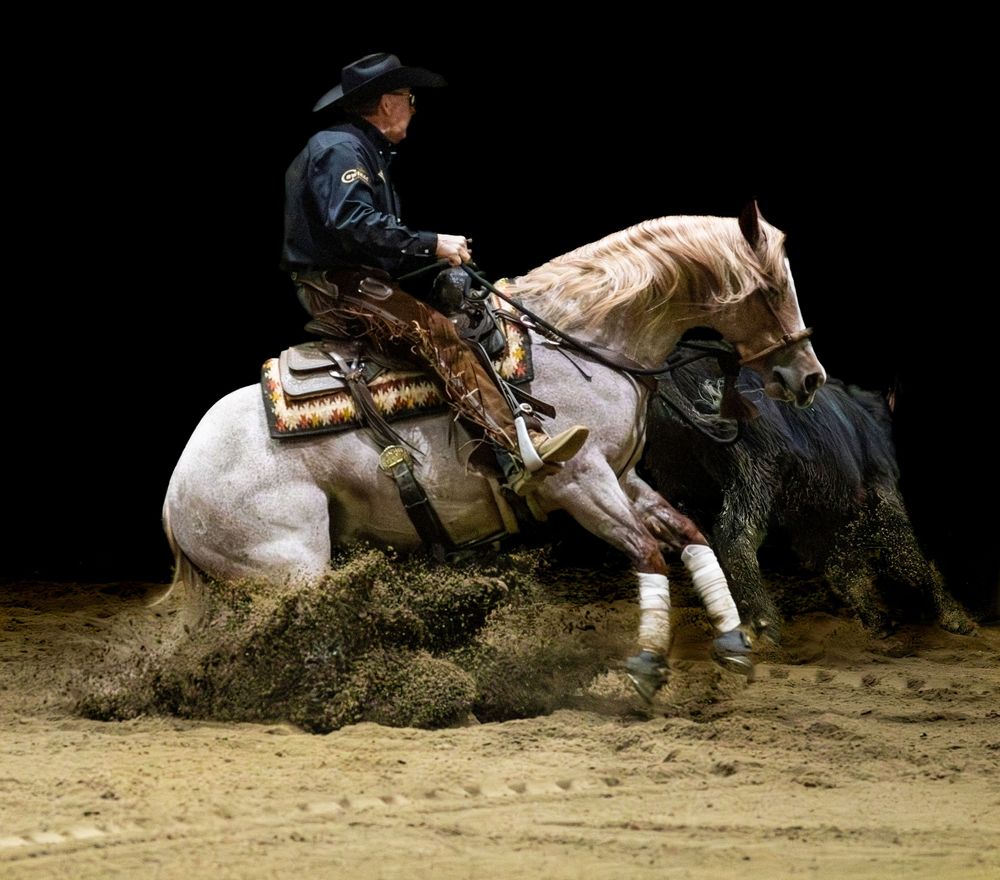 Western reining rider on a gray horse performing a sliding stop in an indoor arena.