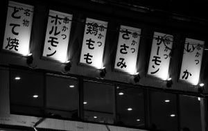 Row of illuminated Japanese characters on signs at night.