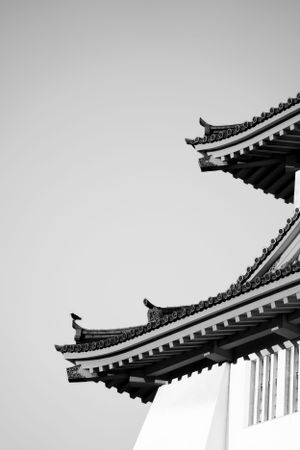 Traditional Japanese temple roof details with curved eaves against a light background.