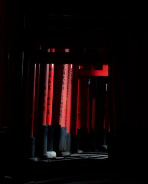 Dramatic view through red torii gates creating tunnel effect with shadows and light.