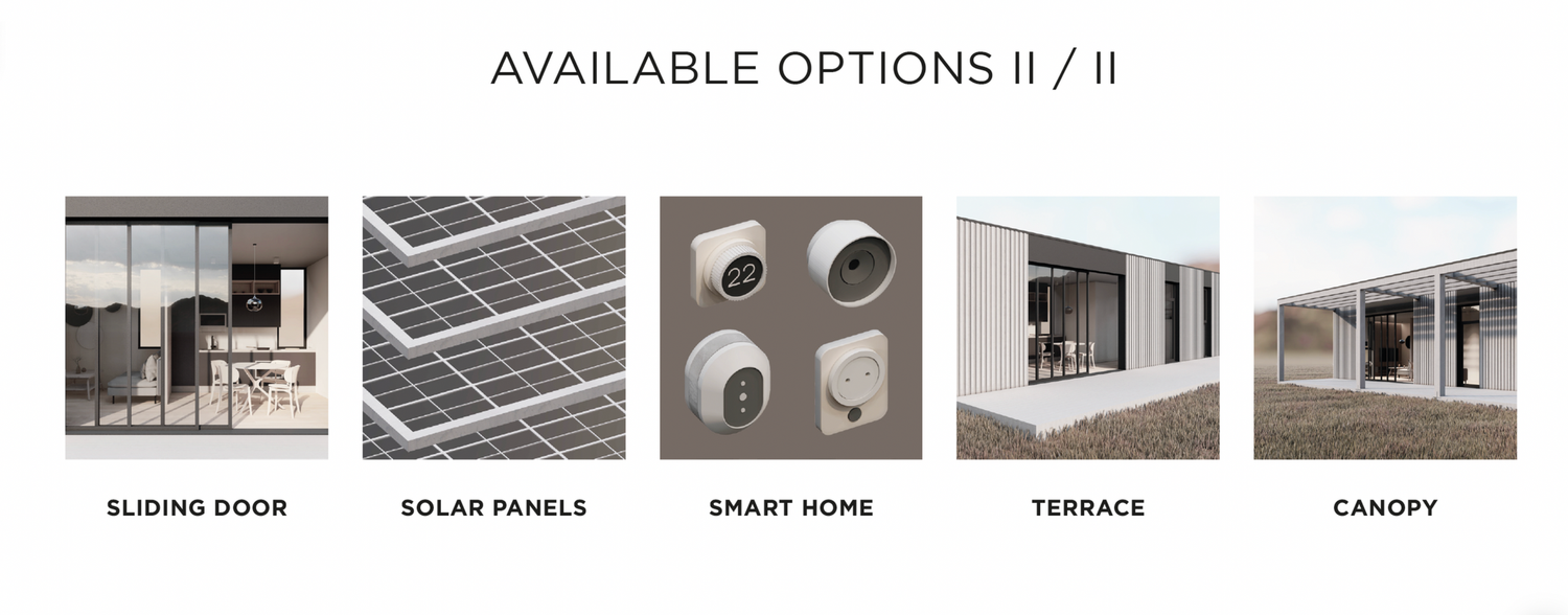 Home feature options displaying sliding door, solar panels, smart home controls, terrace, and canopy installations.
