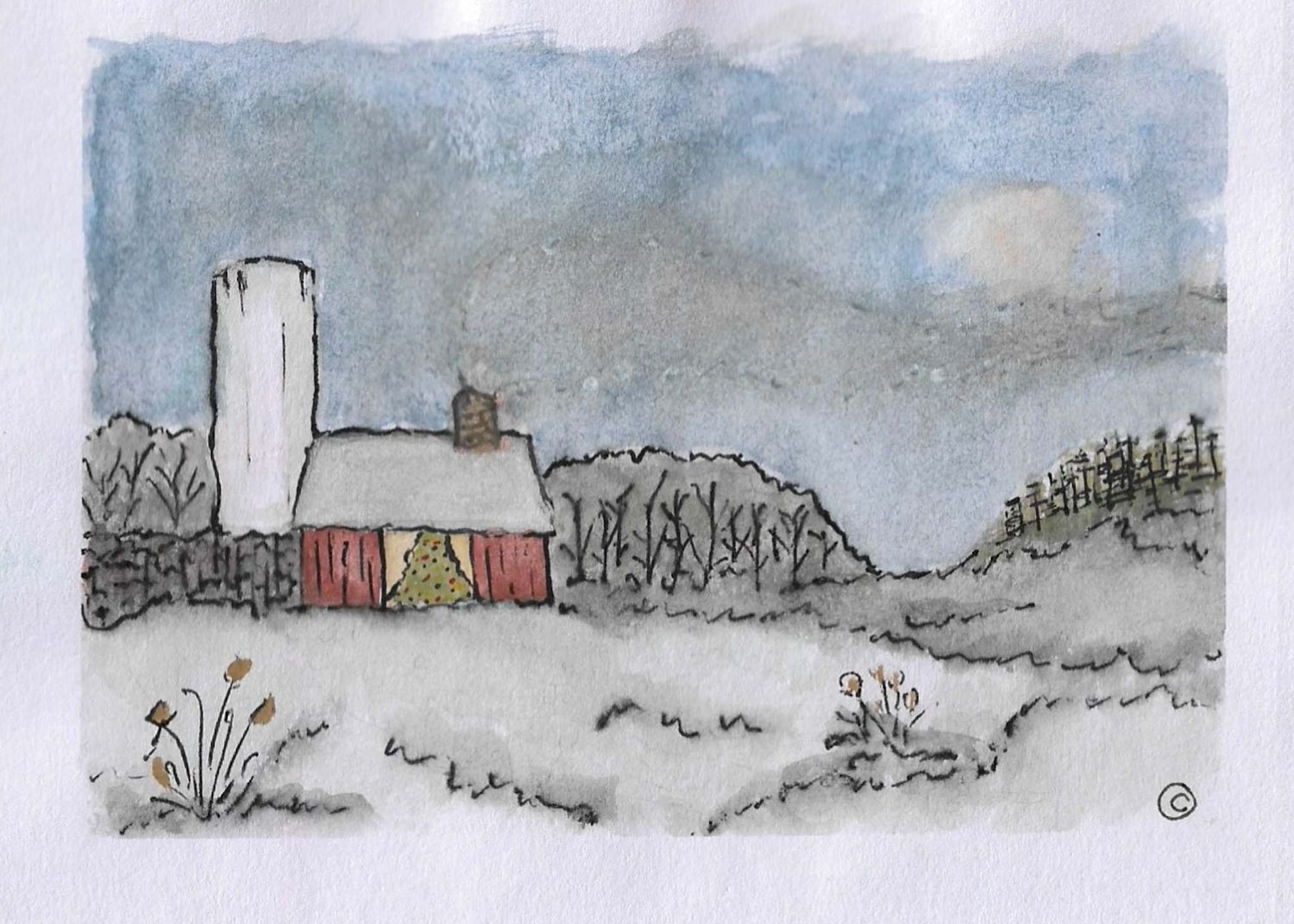 Series of minimalist winter landscapes with buildings and bare trees in muted gray tones.