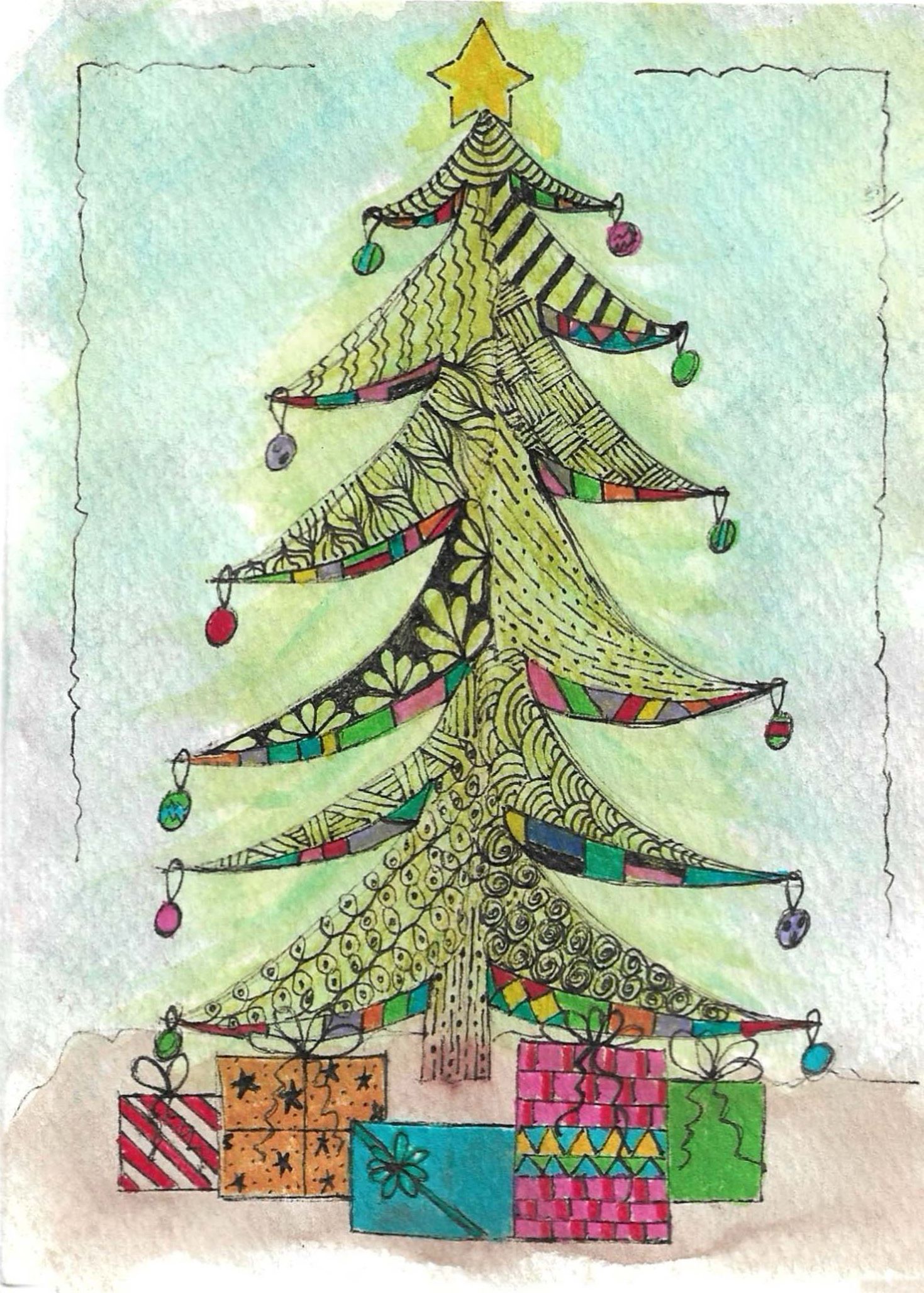 Zentangle-style Christmas tree with ornaments and presents, decorated in intricate patterns.