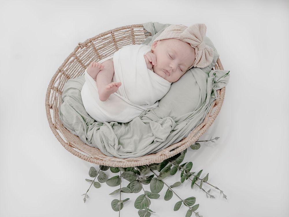 Newborn baby sleeping in wicker basket with eucalyptus sprigs and soft gray bedding.