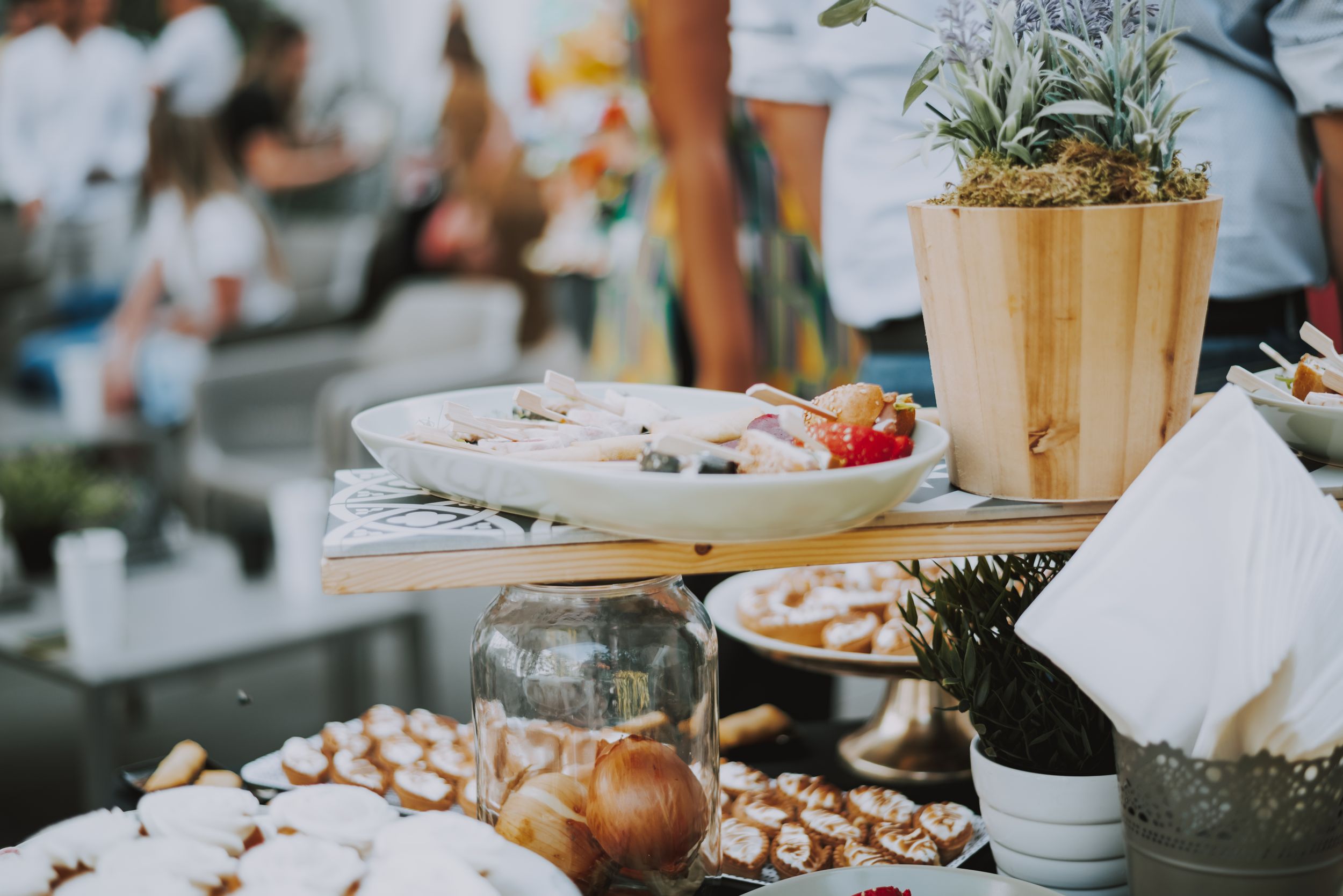 A rustic table spread with appetizers, snacks and a potted succulent for outdoor entertaining.