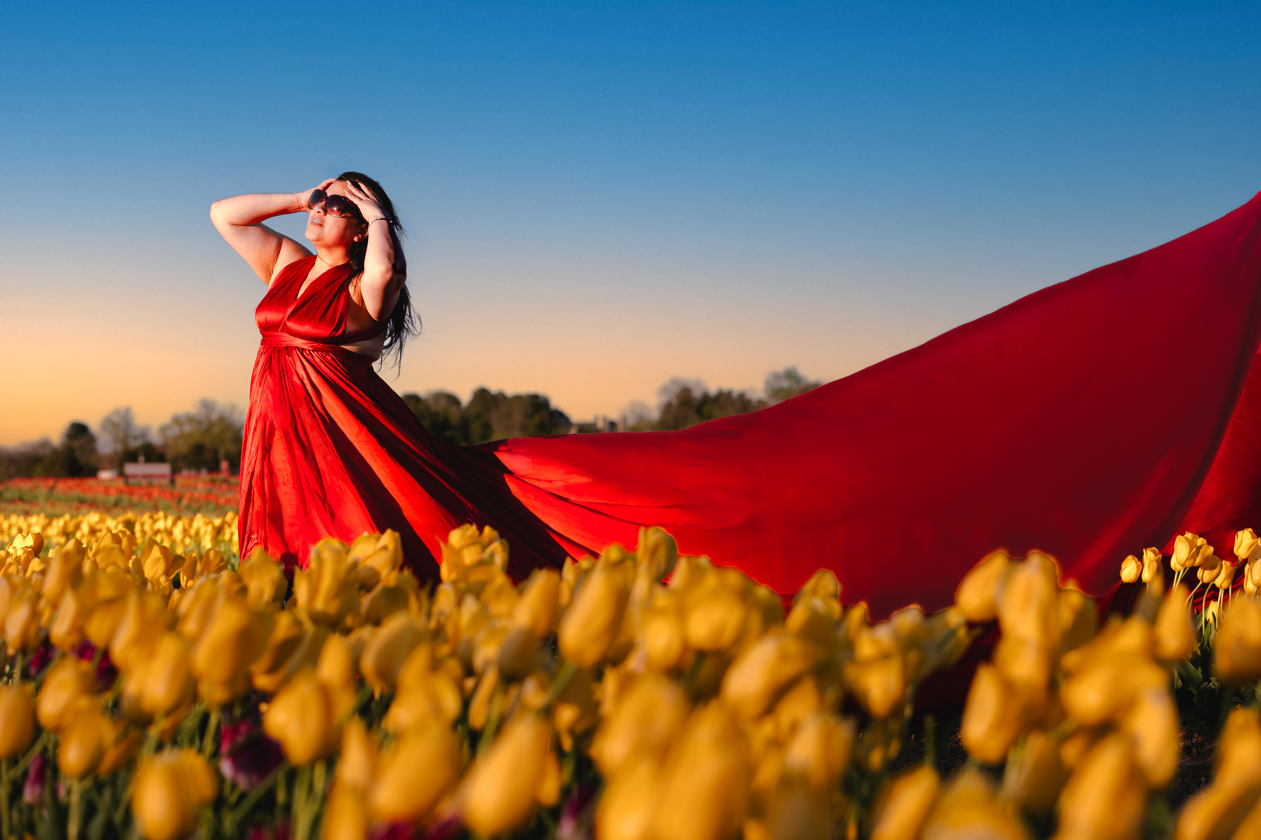 Woman with red flying dress on tulip field. Fields of Gold. Bristow Virginia.
