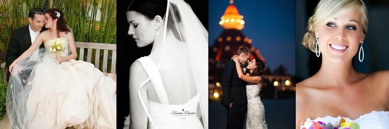 A collection of romantic wedding photos showing couples in elegant poses.